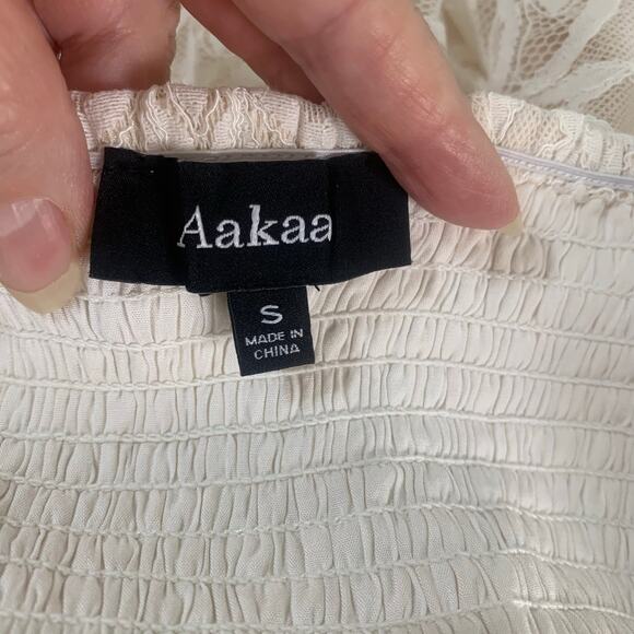 Aakaa Sz S Lace Smocked Dress Cream Ivory Short Sleeve Long Wedding Bridal - Picture 14 of 15